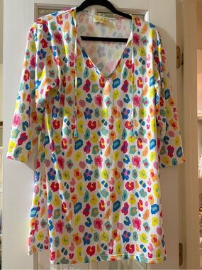 Bright Multicolor Leopard-Print V-Neck Tunic with Tassel Ties